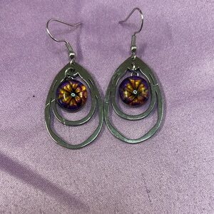 Silver Teardrop Earrings with Purple & Gold Accent | Women Jewelry